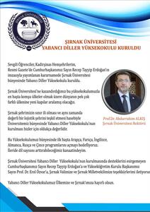Yabancı Diller Yüksekokulu'nun açılmasına ilişkin Rektörümüzün mesajı